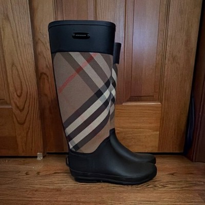 Burberry Plaid Knee High Rain Boots Black Beige Brown Rubber Women's EU 39