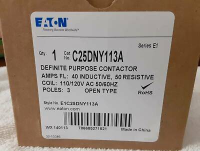 EATON Contactor C25DNY113A. 40A.  120V 3P.  New in box. Free Shipping.