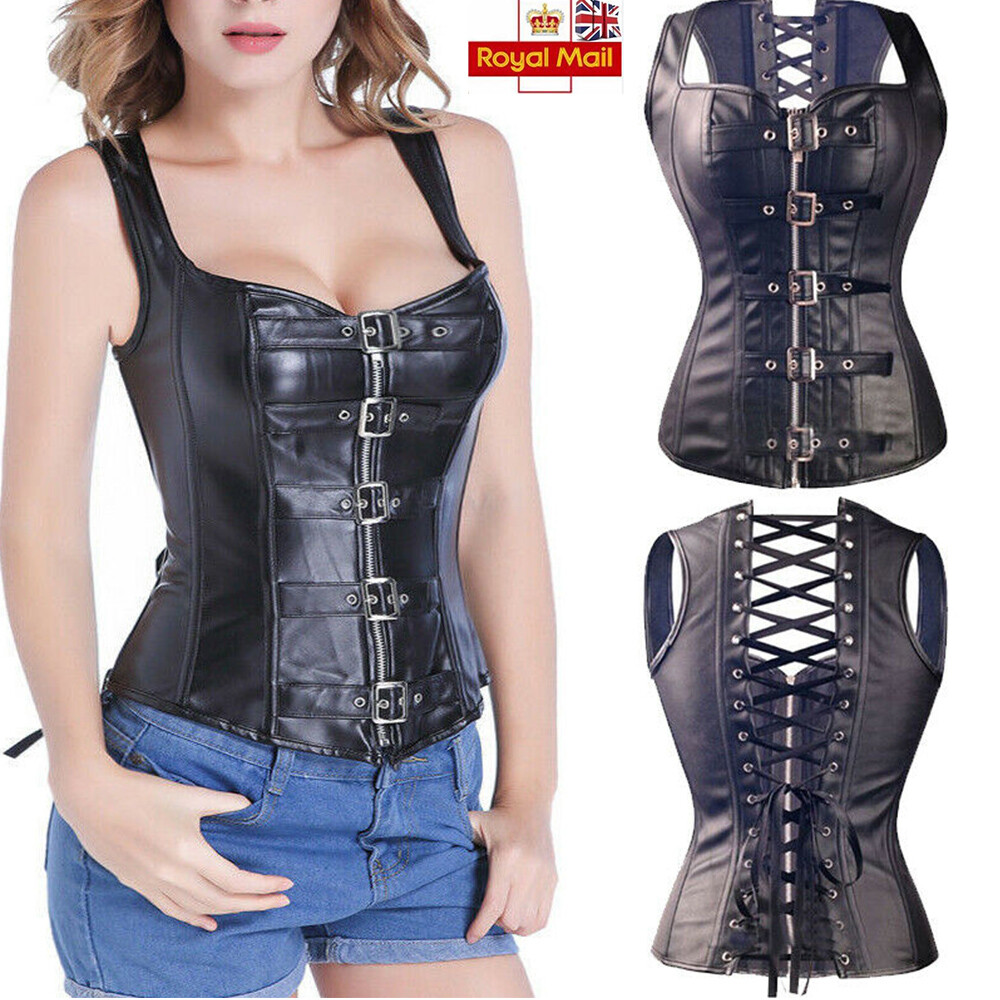 PVC Black Basque Steel Boned Corset Tops Buckle Gothic Steampunk