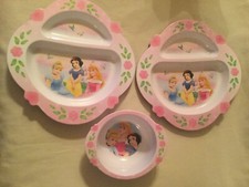 3pc Disney Princess dish set bowl plate divided melamine pink First Years