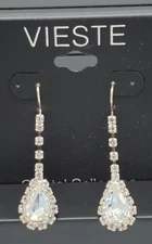 Vieste Drop Earrings 1.75" Silver Tone Clear DCM Rhinestones Dangle Hanging New