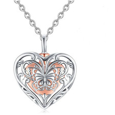 HEART BUTTERFLY URN ASH CREMATION MEMORIAL CHARM 925 Sterling Silver 22" Chain .