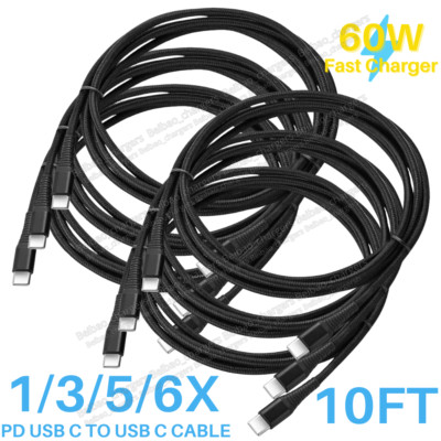 Lot USB C to USB C Cable 60W Nylon Braided PD Fast Charging Type C Cord 10FT/3M