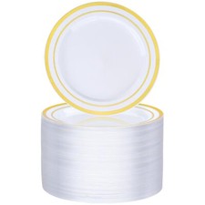 100pcs Gold Plastic Plate 7 Inch Disposable Dessert Plate Party With Gold Rim He