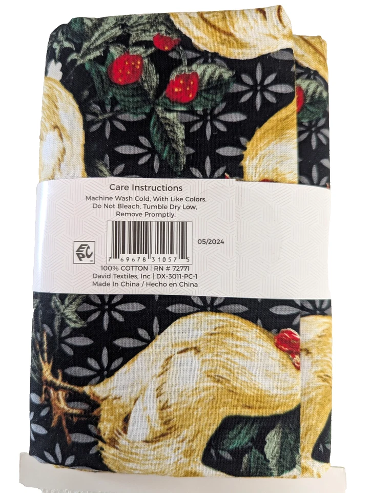 Rooster Chicken Strawberry Sewing Fabric 1-yard Precut Cotton Black Tan Crafts - Image 3 of 3