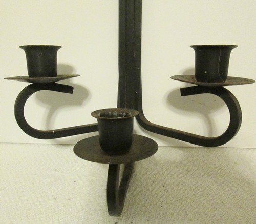 Vintage 16" Wall Sconce Hanging Black Wrought Iron Triple Taper Candle Holder - Picture 2 of 5