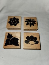 Design Wood Mount Rubber Stamp Flowers Leaves 4pc Lot