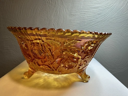 Vintage Deep Iridescent Marigold Carnival Glass Footed Bowl with Embossed Roses