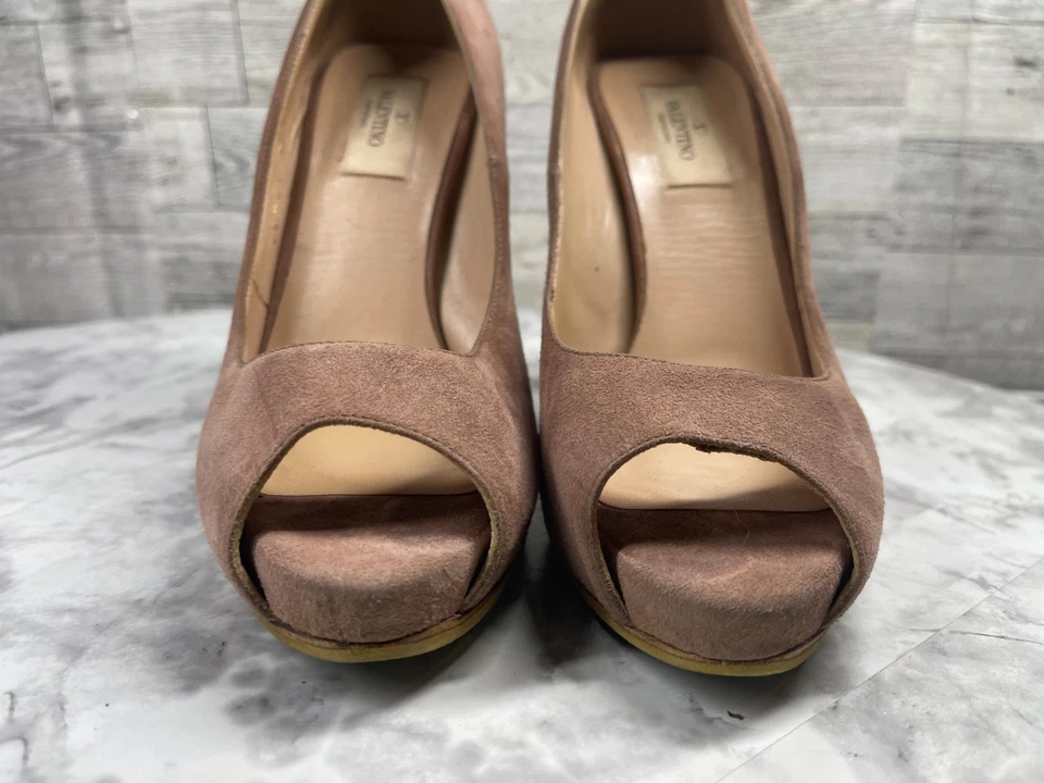 Valentino Garavani Heels Women 7M Shoes Brown Red Suede Platform Peep Toe Pumps - Image 4 of 4