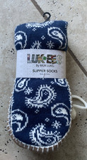 MUK LUKS LUK EES Women's Tassel/Pom Slipper Socks Navy White Size S/M Shoe 5-7 