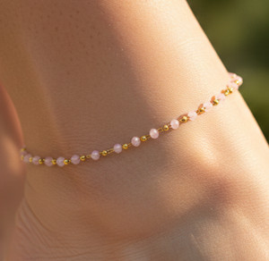 Minimalist Rose Pink Beaded Anklet 18K Gold Tone Brass Chain Anklet for Women