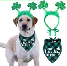 St Patricks Day Dog Costume, Green Shamrock Headband and Buffalo Plaid Pet Ba...