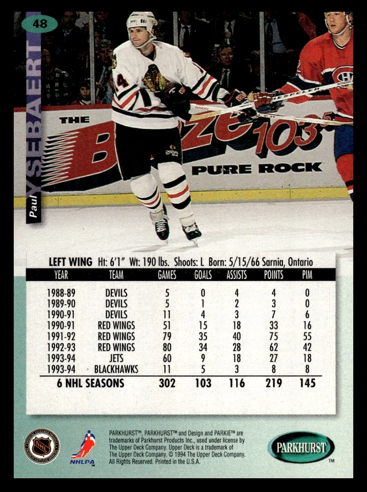 1994-95 Parkhurst Paul Ysebaert #48 Chicago Blackhawks NHL Hockey Base Set  - Image 2 of 2