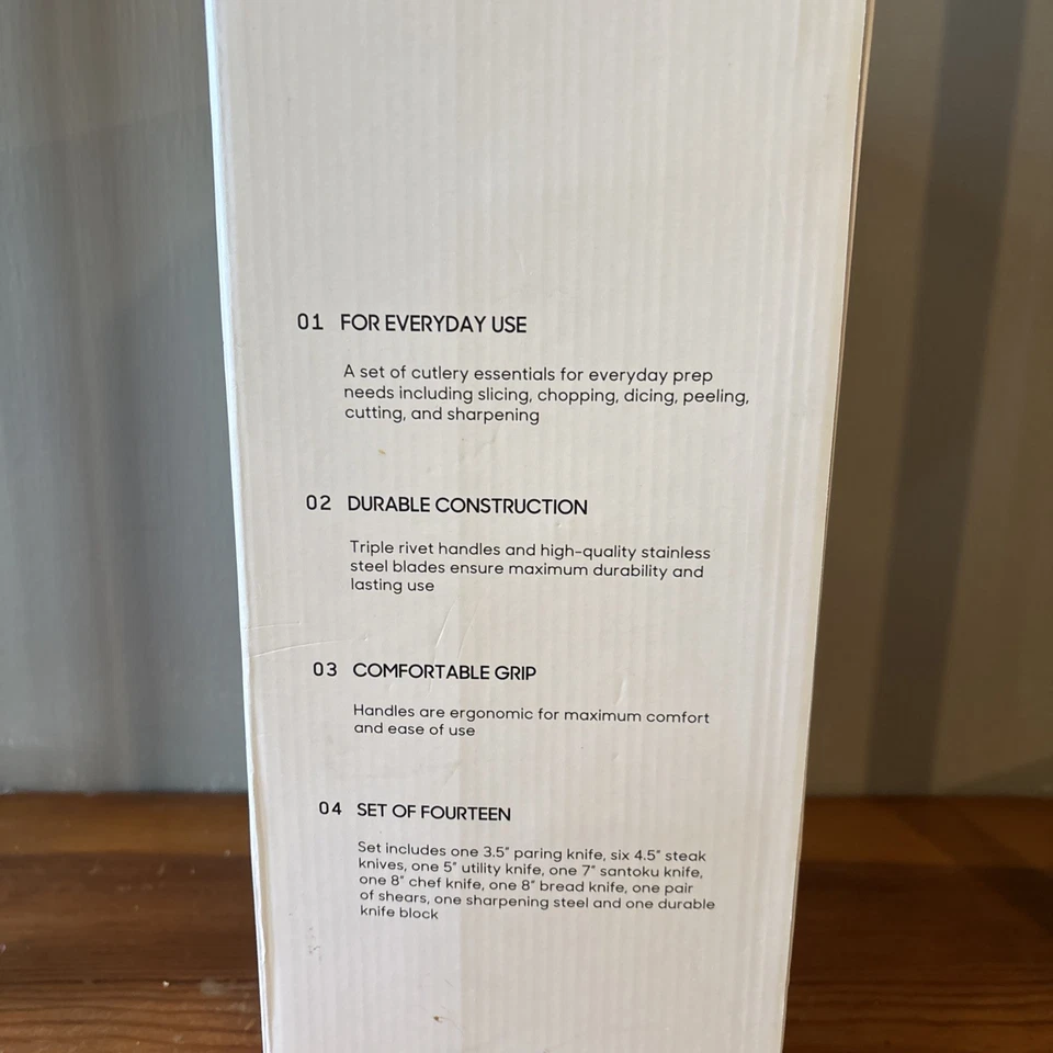 Nuevo Juego de Bloques de Cuchillos Imagen Más Afilada 14 Piezas Alta Calidad Acero Inoxidable Madera Blanco Foto 2 de 4