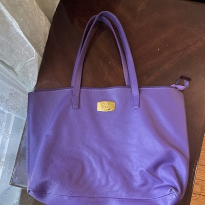 Joy Mangano Purple Pebbled Tote Gold Logo Plate Double Handles Zip Closure