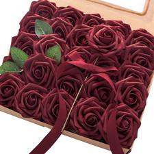 Artificial Flowers 25 Pcs Real Looking Burgundy Foam Fake Roses with Stems