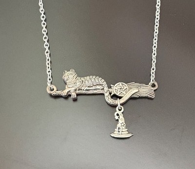 Cat Silver Broomstick Necklace Wiccan Star Pagan Pendant Witch Hat Charm