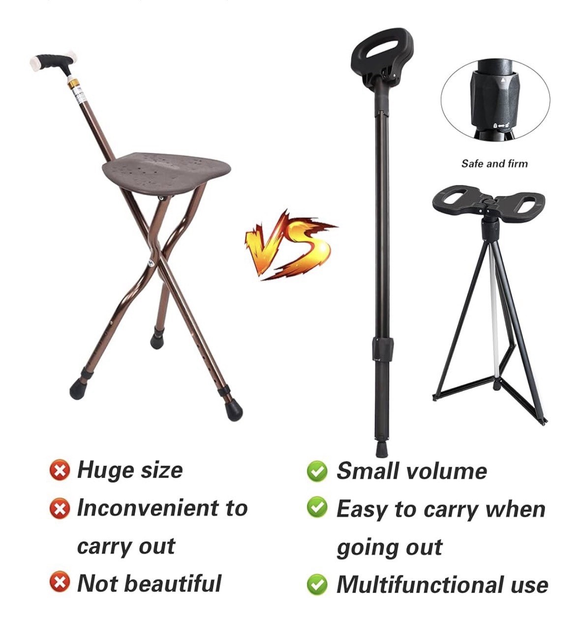 Walking Cane with Seat Sturdy Multifunctional Lightweight Crutch Chair (READ)