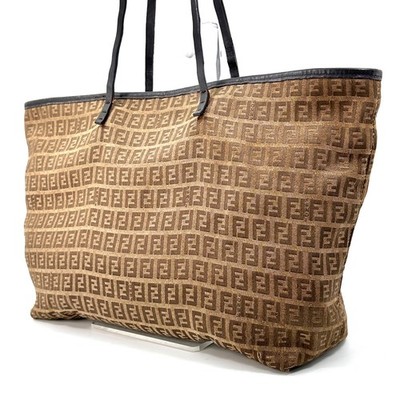 FENDI Tote Bag Zucca Brown Nylon  leather Authentic