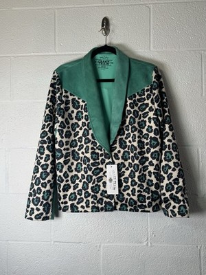 Crazy Train Wanderer Blazer Leopard Print Teal Suede Trim Size M NWT