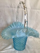 LARGE VINTAGE FENTON ART GLASS BLUE OPALESCENT HOBNAIL BASKET