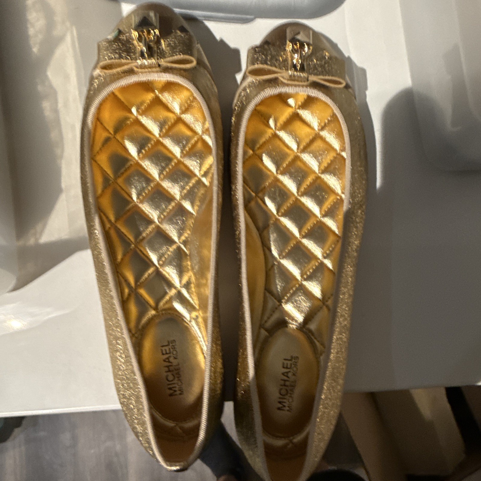MICHAEL Michael Kors Women’s Gold Glitter Logo Bow Ballet Flats Slip-On 7