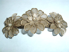 GOLDEN MESH WHITE PEARL FLORAL 4" HAIR BARRETTE NEW W TAG