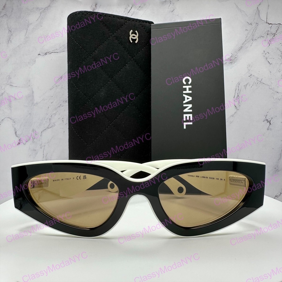 CHANEL CH6056 1656/53 Sunglasses Black White Cat Eye Interlocking