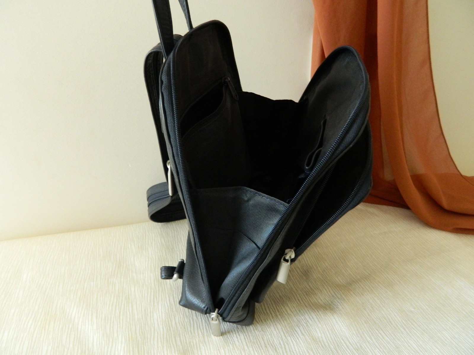 GENUINE LEATHER BACKPACK Trapezoid Solid Black Me… - image 13