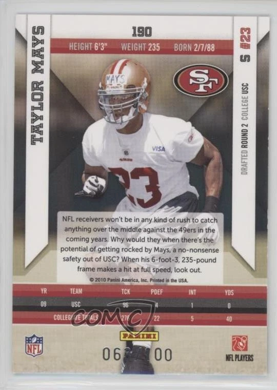 2010 Panini Epix Rookie Gold /100 Taylor Mays #190 Rookie RC - Image 2 of 2