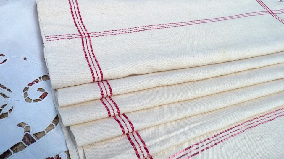 ANCIENNE TOILE de LIN LISERÉS ROUGES TOILE TORCHON de 3,50 m,  jamais utilisée - Photo 3/4