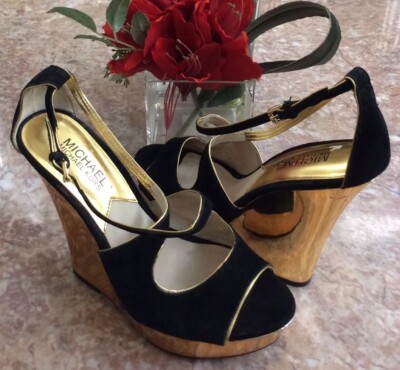 Michael Michael Kors Gideon Black Suede Gold Wedge Sandal Sz Michael Michael Kors Gideon Black Suede Gold Wedge Sandal Sz
