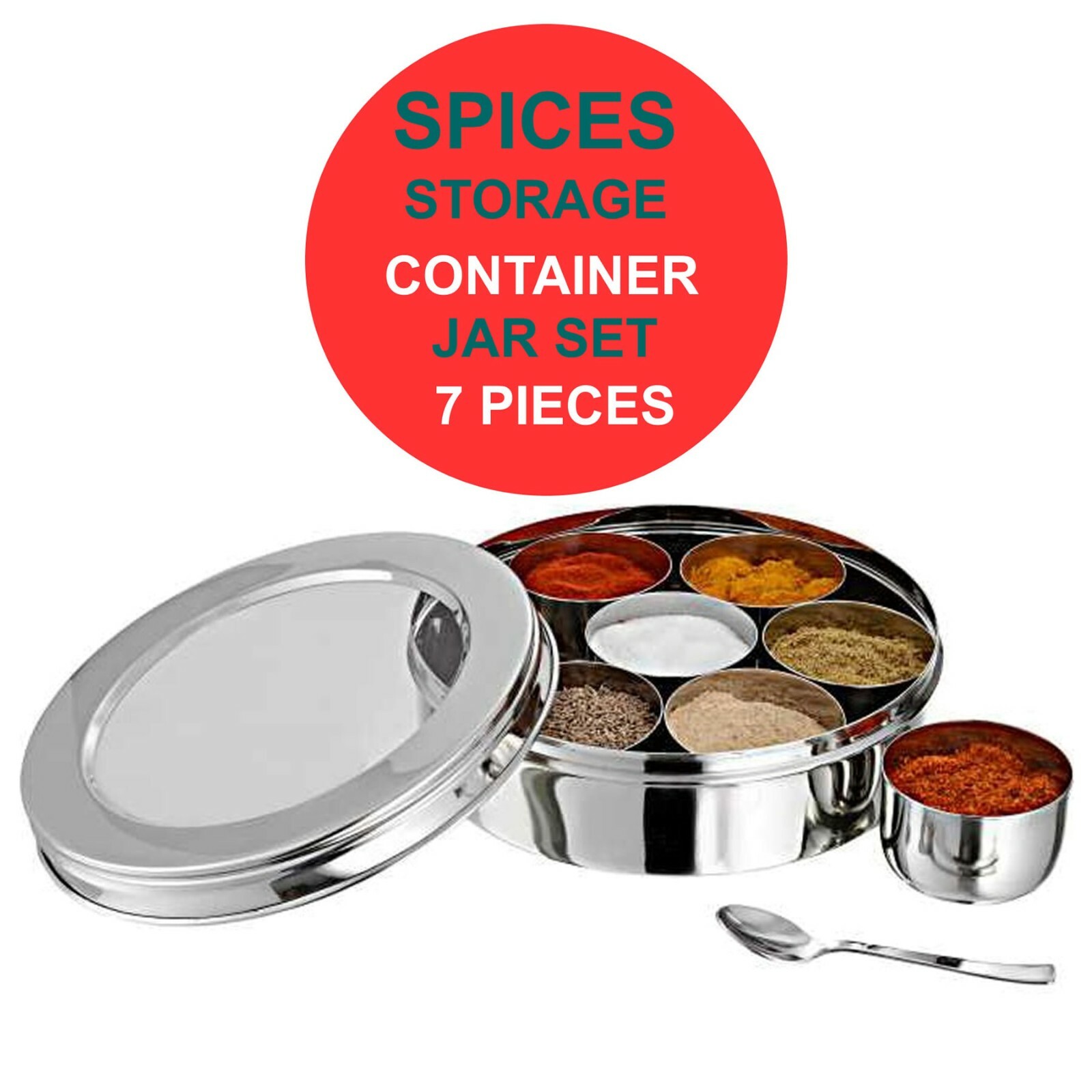 Masala Dabba Authentic Indian Spice Tin Stainless Steel Spice Spoon 7