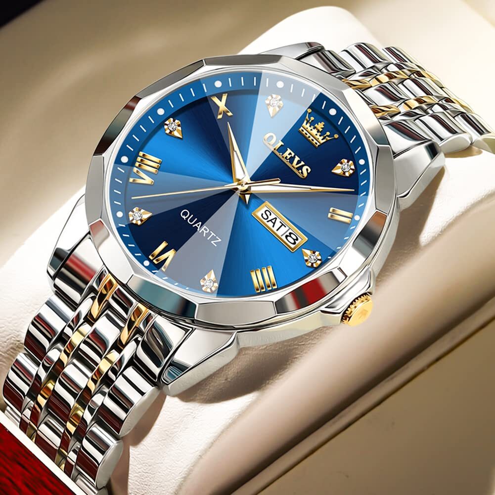 OLEVS Horloges heren diamant business jurk analoog kwarts roestvrij staal waterdicht lichtdatum tweekleurig luxe casual polshorloge geschenken voor mannen, 9931-diamant/goud, armband