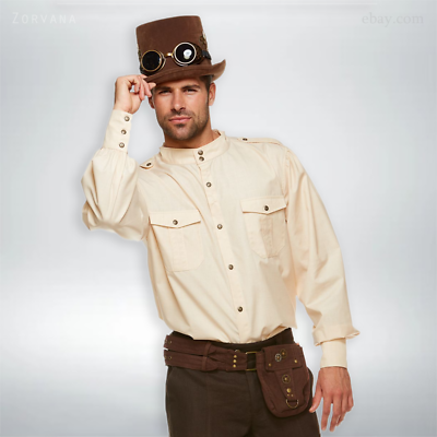 dress shirt costumes Steampunk Button Down Mens Beige Shirt | Theatre & Film Costumes | M L XL