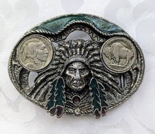 VTG 1937 Buffalo Nickel Enameled Belt Buckle: Native American Chief, 1.6" Belt