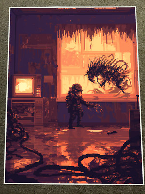 Pixel Art Room Encounter with Alien Entity Poster 18x24in