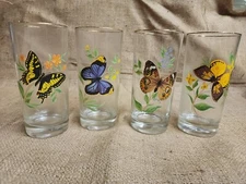 West VA Glass Clear Tumblers Set of 4 Handpainted Butterfly Print 6X3