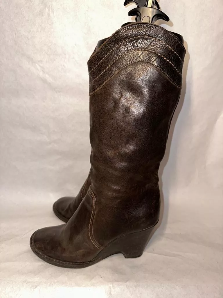 FIORENTINI BAKER WOMENS BROWN LEATHER ZIP WEDGE MID CALF BOOTS UK 6 EUR 39 BT147