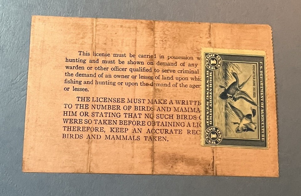 1934 MA HUNTING LICENSE WITH RW 1 FEDERAL DUCK STAMP SCV FOR RW1 is