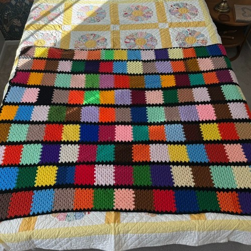 Vintage Handmade Crochet Rainbow Retro Wool Patchwork Afghan Throw Blanket - Picture 3 of 6