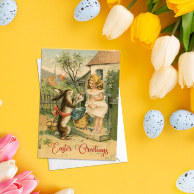 Grußkarte Ostern Frühling viktorianisch süß hübsch Hase Kaninchen Ei Vintage E31