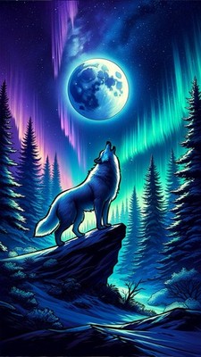 Howling Wolf Moon Aurora Illustration Art Poster Night Forest Nature Theme