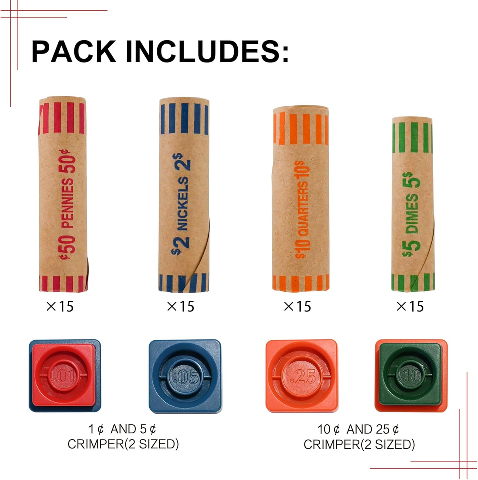 60 Assorted Coin Roll Wrappers with Color Coded Coin Wrapper Crimping ...