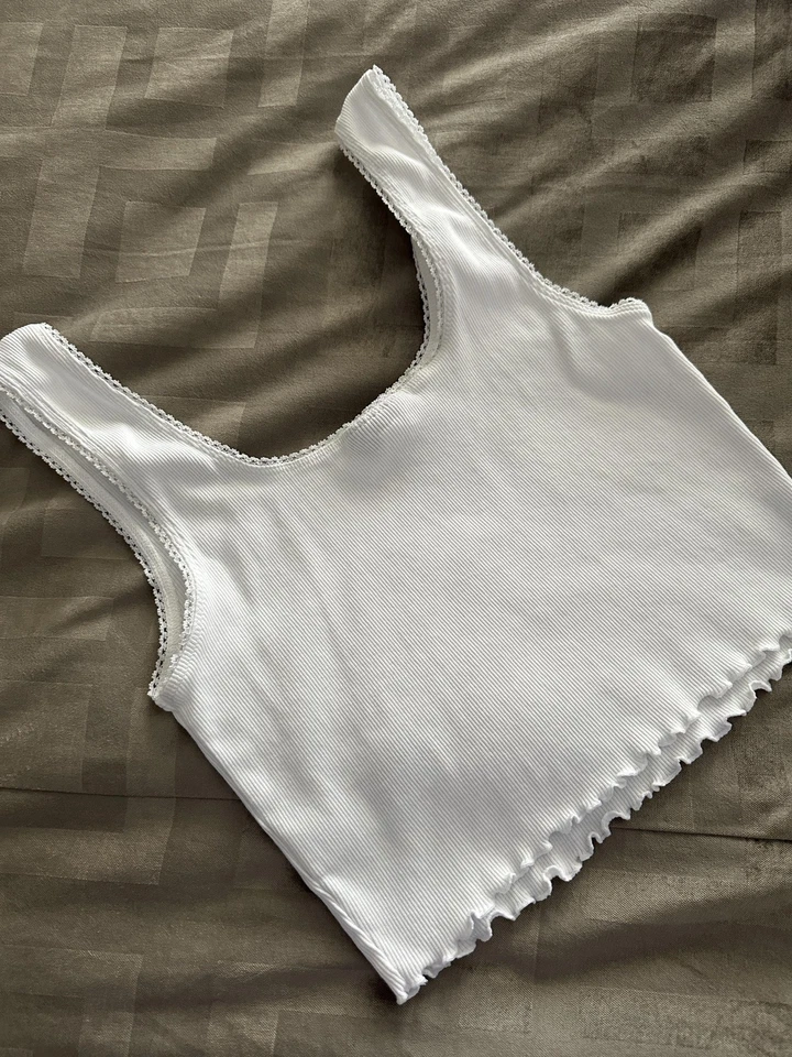 Camiseta sin mangas Topshop para mujer EE. UU. 8 blanca acanalada borde lechuga algodón elástico estilo Y2K Foto 2 de 4