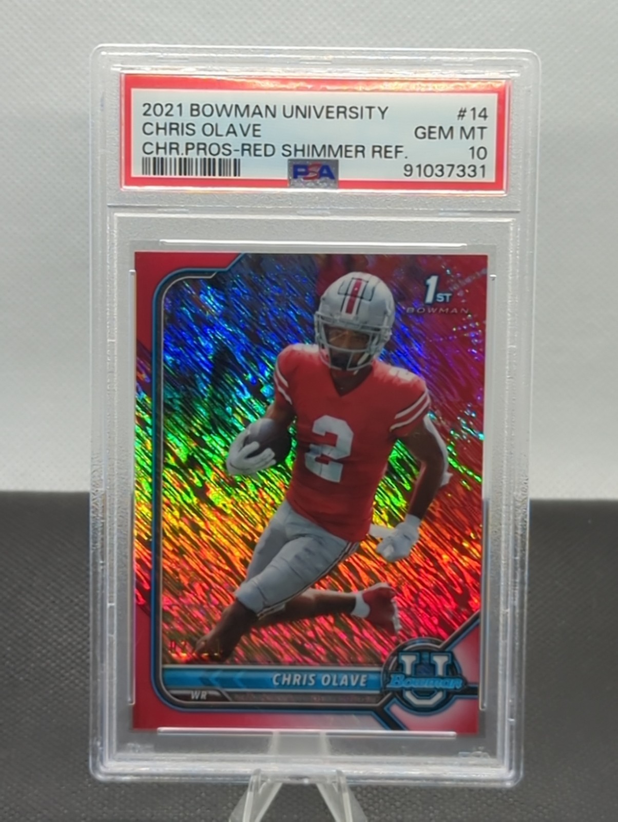Chris Olave - 2021 Bowman Univiversity Red Shimmer RC /10 - PSA 10 Jersey Match view 1