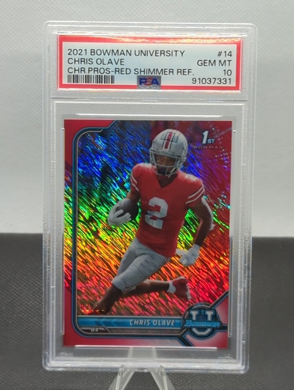 Chris Olave - 2021 Bowman Univiversity Red Shimmer RC /10 - PSA 10 Jersey Match