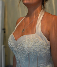 Mon Cheri Ivory A-Line Sweetheart Halter Wedding Dress Lace Beaded