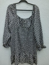 Express Women XS Dress Black Polka Dot Long Sleeve Smocked Tie Front Mini
