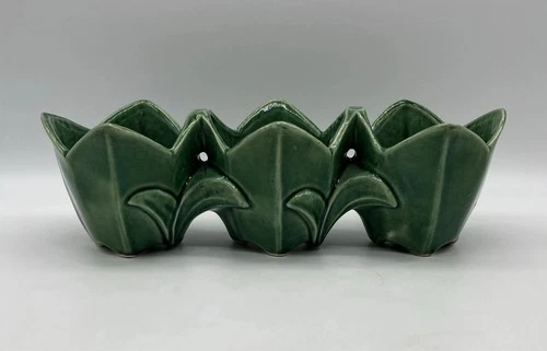 Vintage 1951 BRUSH-MCCOY TRIPLE TULIP Art Pottery PLANTER 🌺 Green EUC